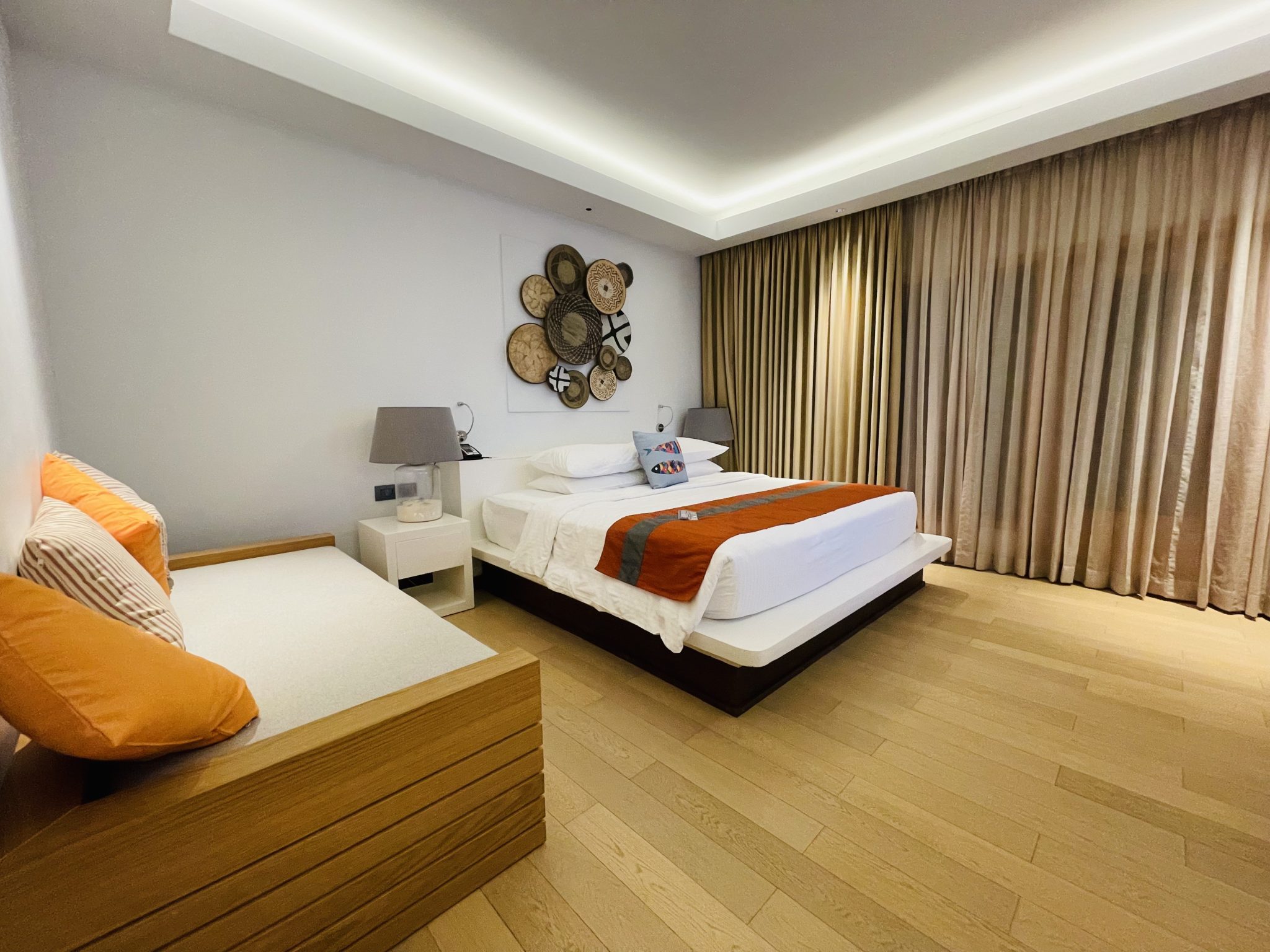 Bedroom furniture including bed frame and linens